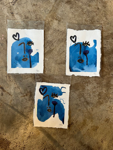 "Looking Blue with Heart", original artwork by ZL, 3.75" x 5"