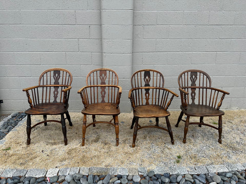 Set of 4 Elm and Ash Low Back Windsor Arm Chairs