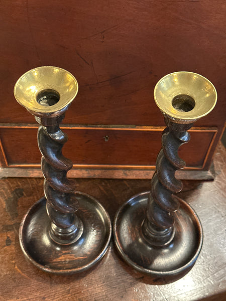Pair of Barley Twist Candlesticks, Brass Tops