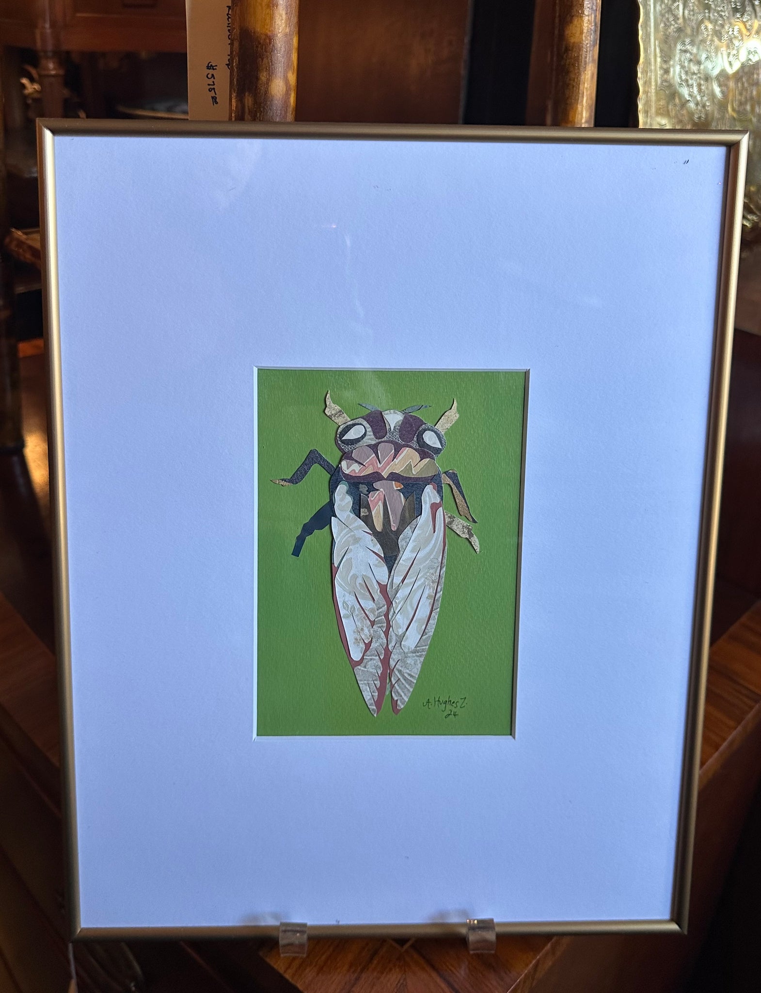 Cicada Collage, Green in Gold Frame