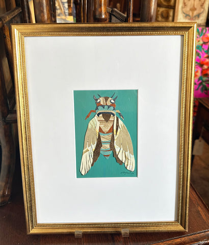 Collage Cicada on Deep Turquoise Background by Angela Hughes Zokan