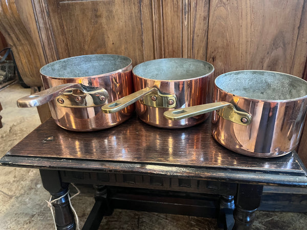 Set of Copper Pots with Brass Handles