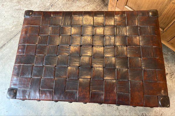English Oak Stool with Woven Leather Top