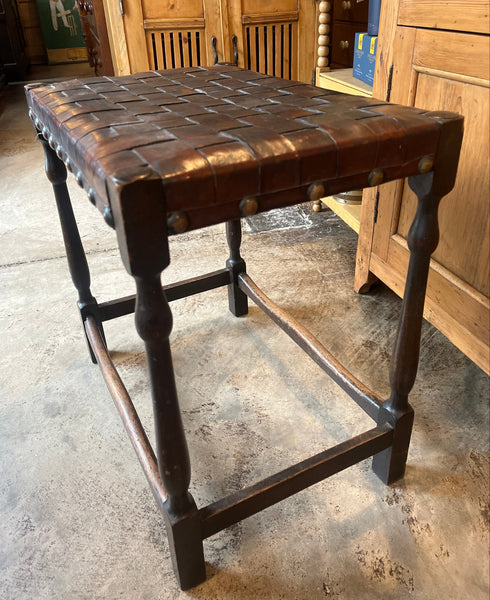 English Oak Stool with Woven Leather Top