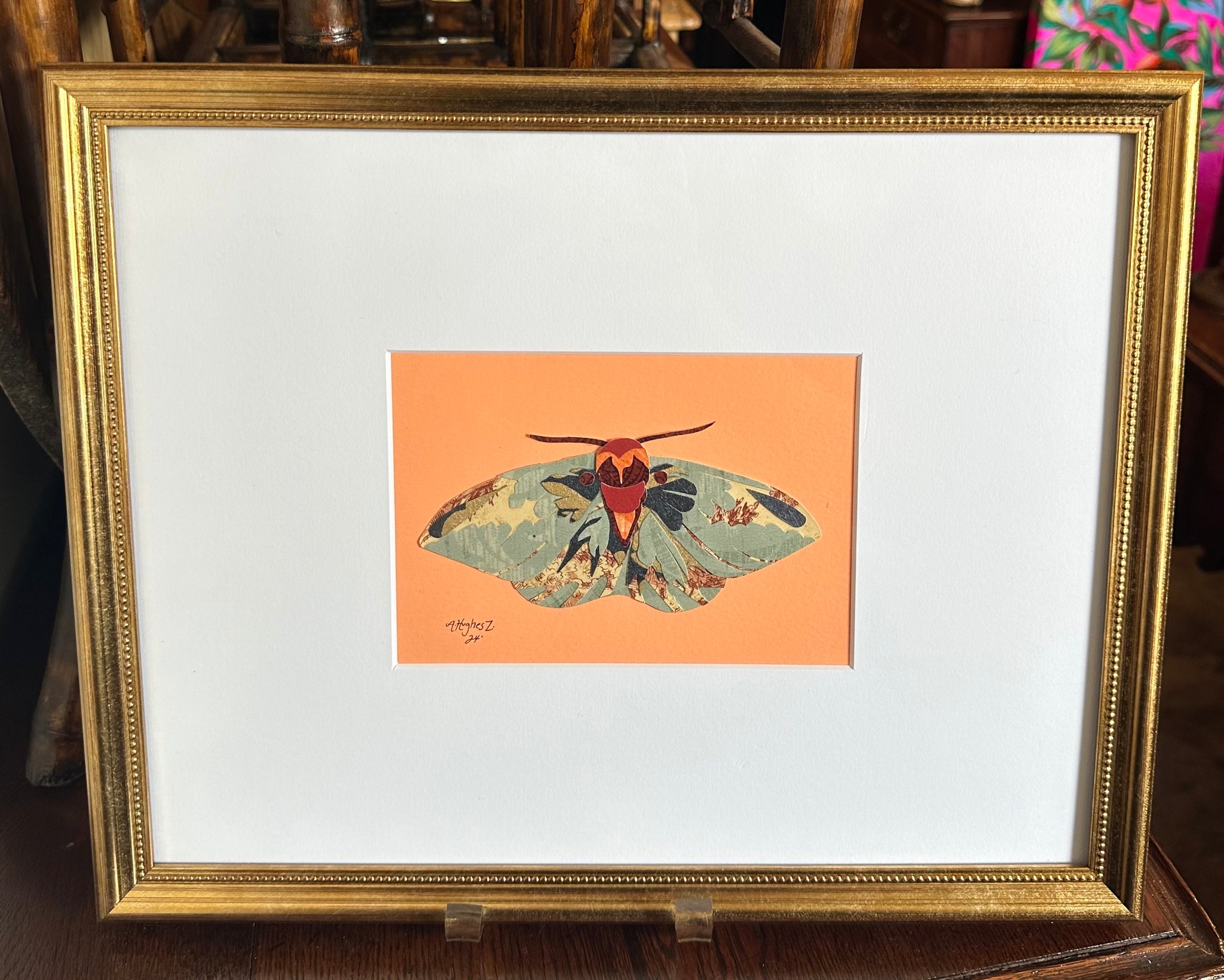 Collage Moth on Peach Background by Angela Hughes Zokan