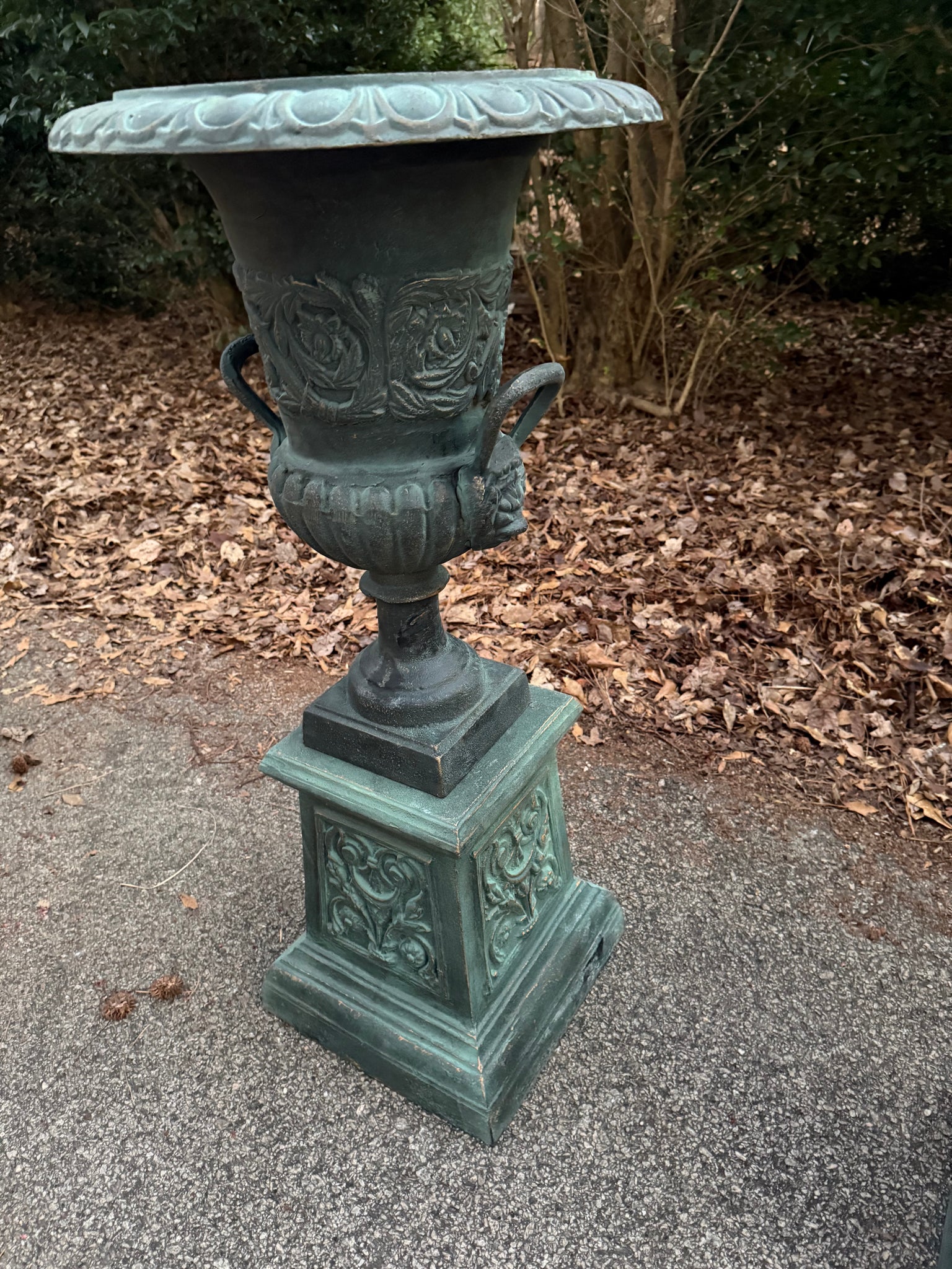 Cast Iron Urn with Handles on Plinth