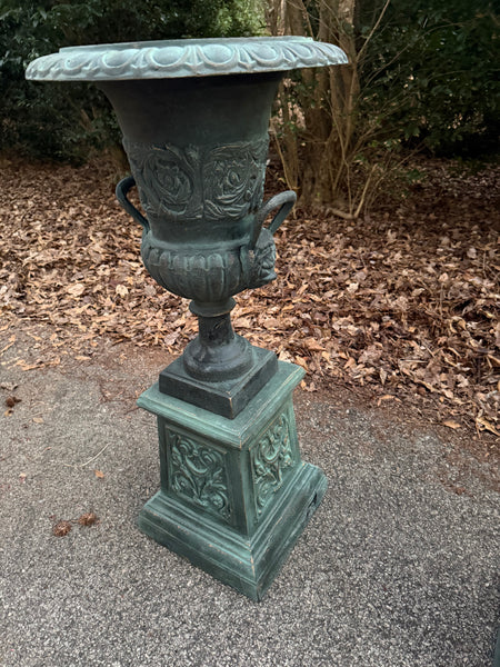 Cast Iron Urn with Handles on Plinth