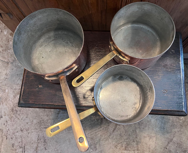 Set of Copper Pots with Brass Handles