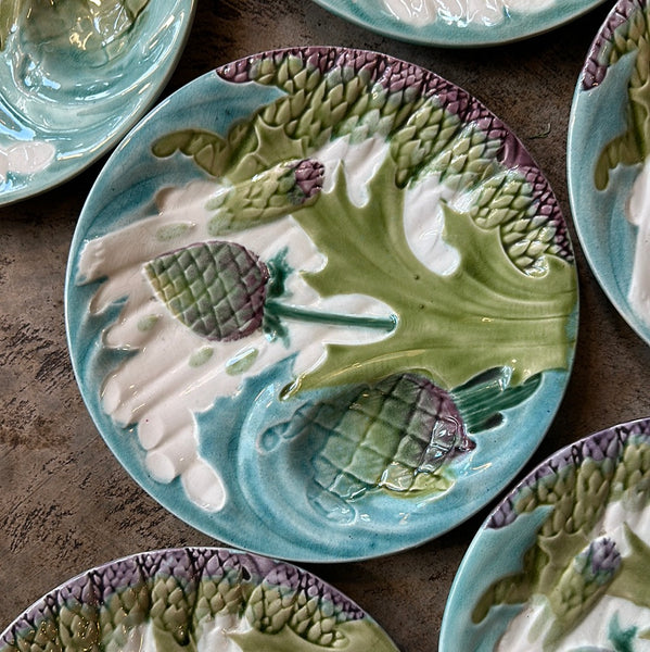 Keller and Guerin of Luneville and St Clements Asparagus Plate, Turquoise and Green with Sauce Well