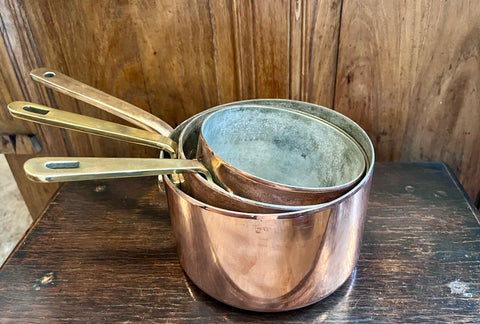 Set of Copper Pots with Brass Handles