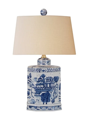 Blue Willow Porcelain Canton Hexagonal Jar Lamp