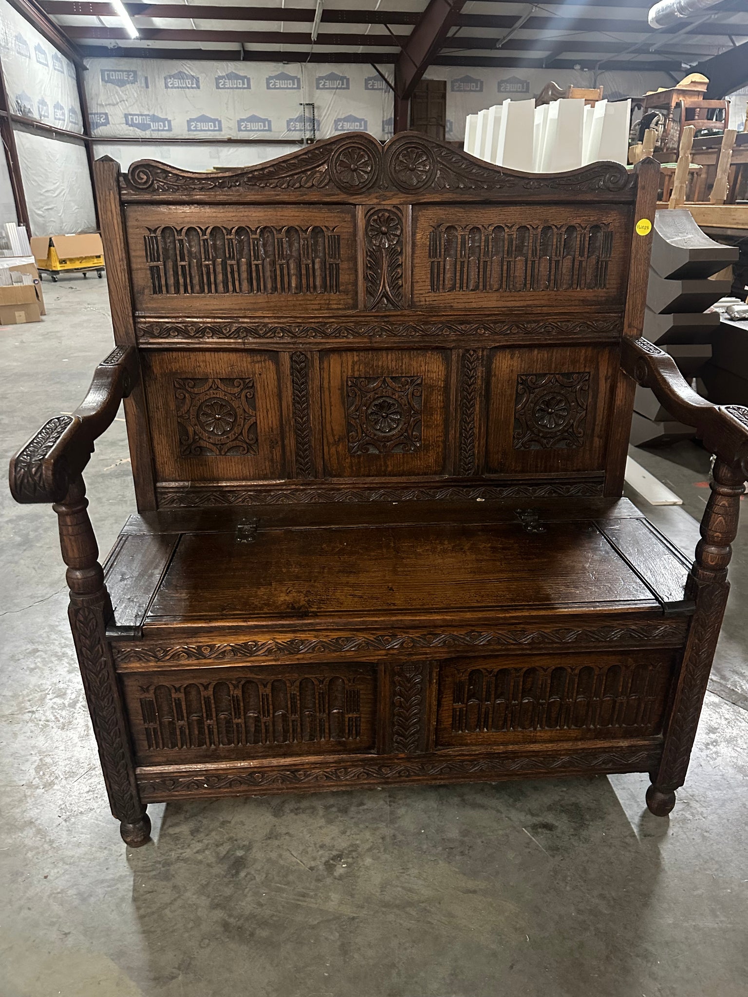 Carved English Oak Box Settle