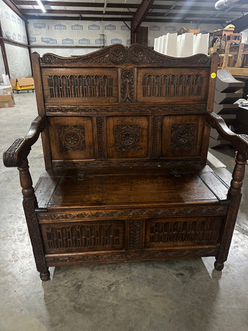 Carved English Oak Box Settle