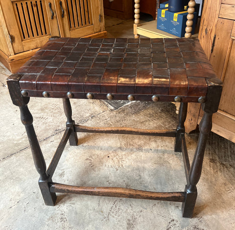 English Oak Stool with Woven Leather Top