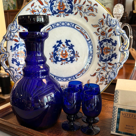 Cobalt Blue Decanter and Four Glasses