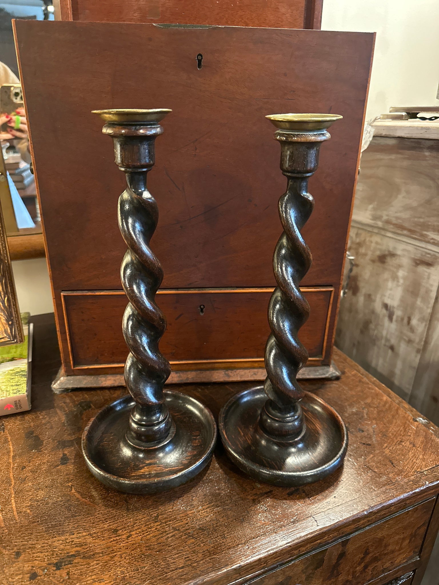 Pair of Barley Twist Candlesticks, Brass Tops