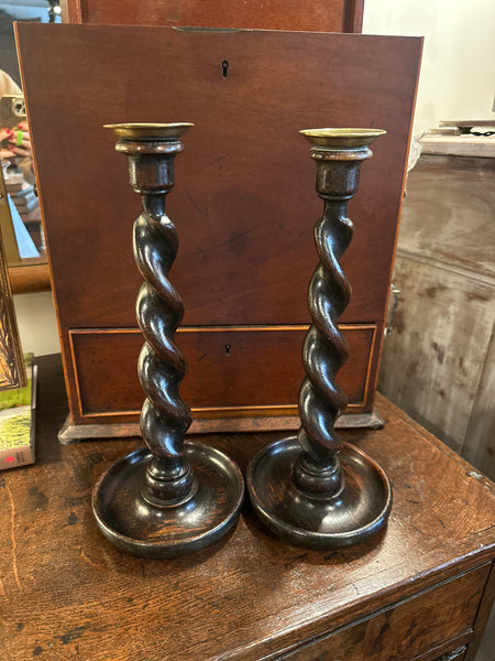 Pair of Barley Twist Candlesticks, Brass Tops