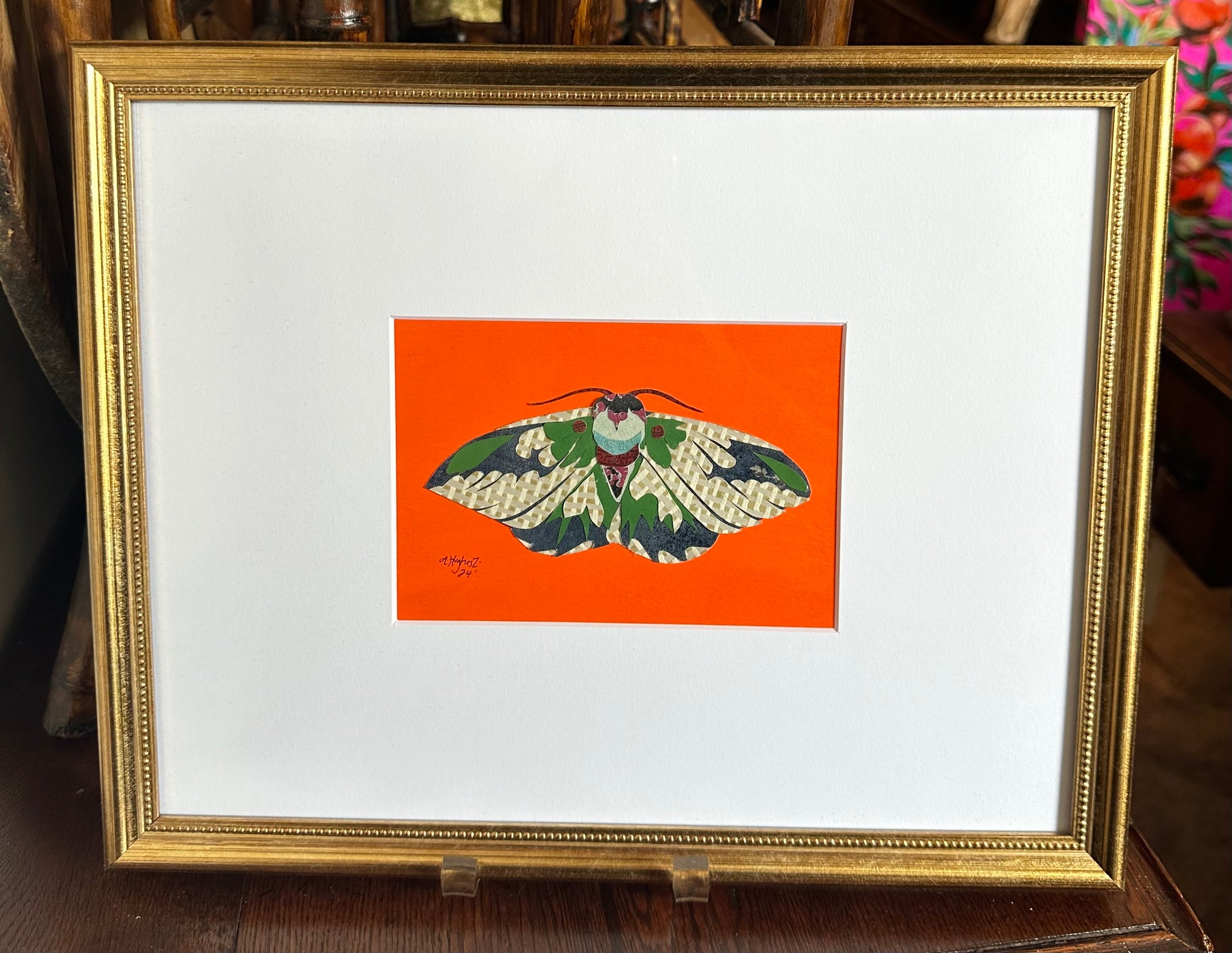 Collage Moth on Bright Orange Background by Angela Hughes Zokan