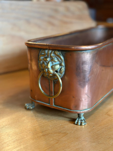 Footed Rectangular Copper Planter with Lion's Head Handles