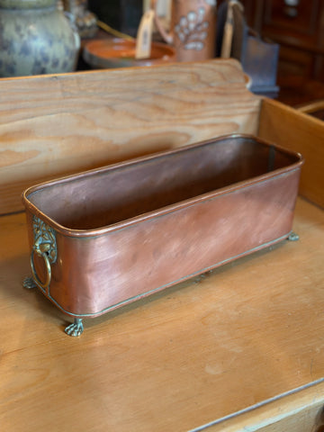 Footed Rectangular Copper Planter with Lion's Head Handles