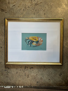 Shrimp Collage, Mustard and Rust on Deep Teal