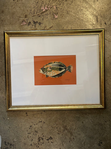 Flounder Collage, Green and Orange on Terracotta