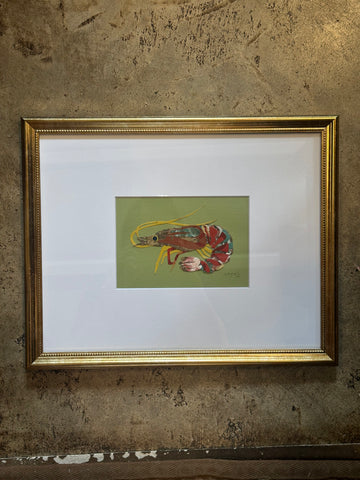 Shrimp Collage, Mustard and Red on Avocado Green