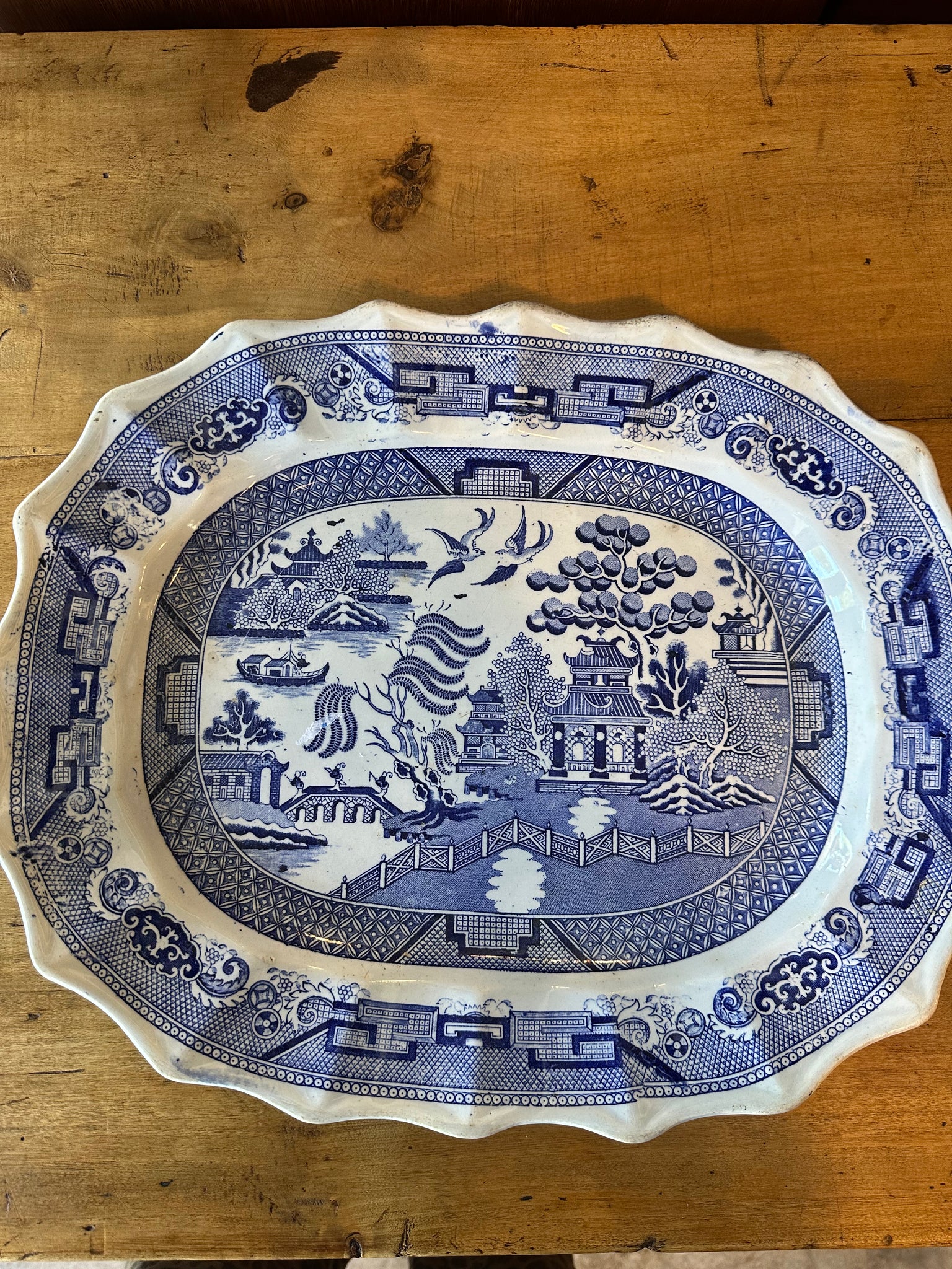 Blue Willow Platter with Scalloped Edge