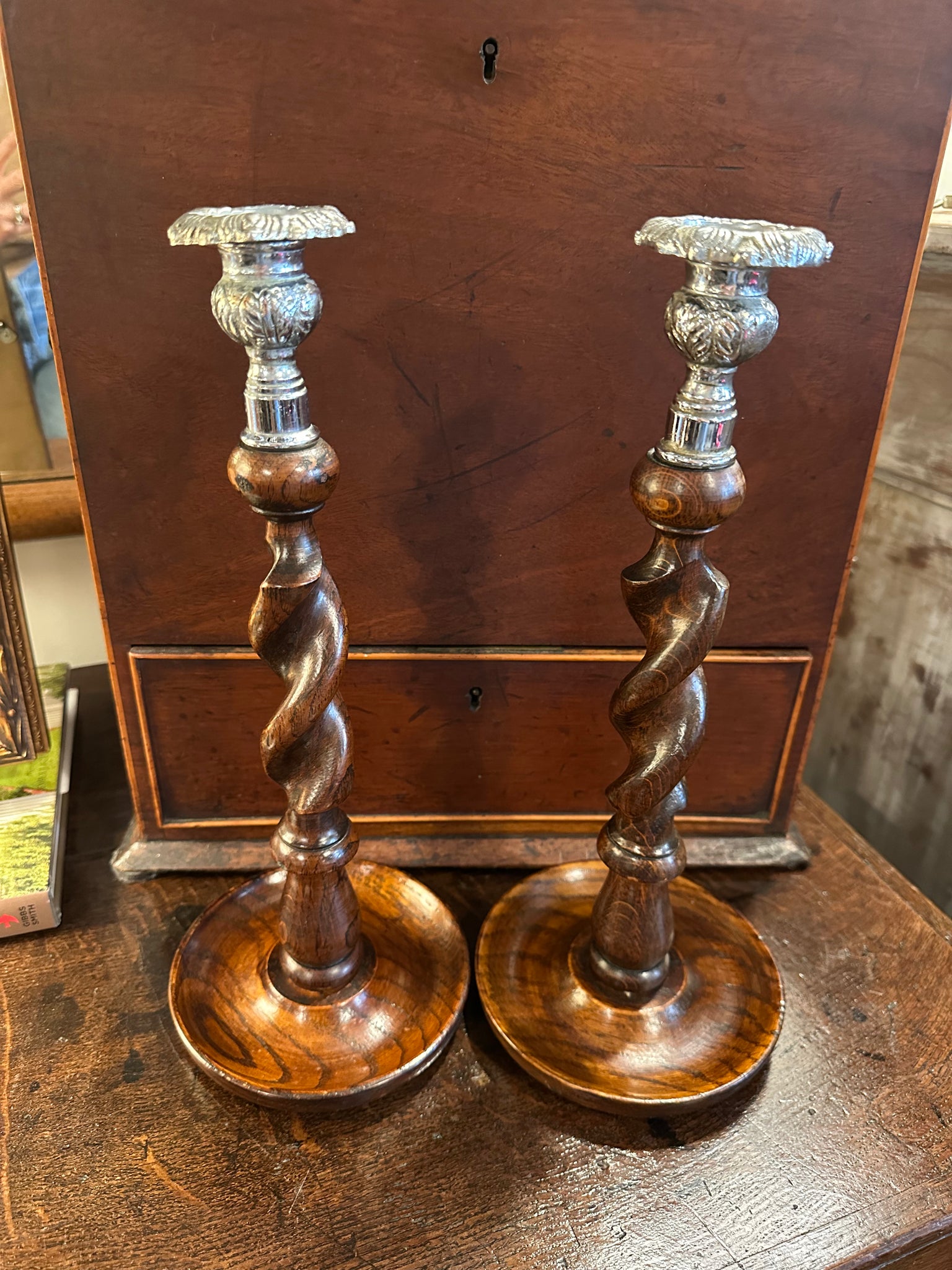 Pair of Barley Twist Candlesticks, Ornate Silver Top