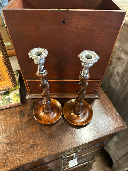 Pair of Barley Twist Candlesticks, Ornate Silver Top