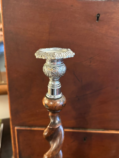 Pair of Barley Twist Candlesticks, Ornate Silver Top