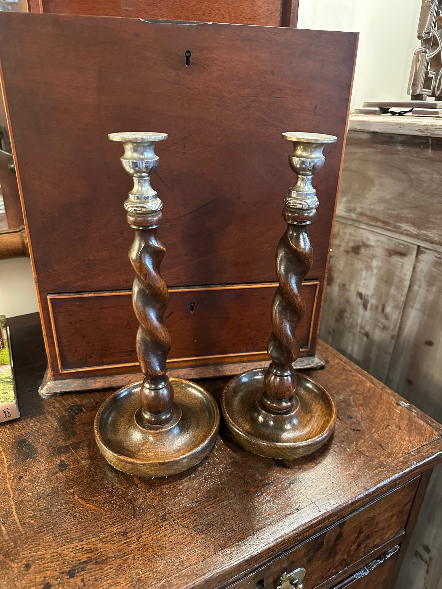 Pair of Barley Twist Candlesticks, Silver Top