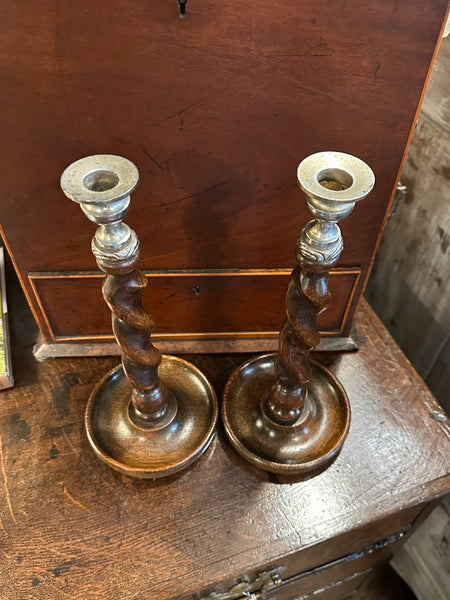 Pair of Barley Twist Candlesticks, Silver Top
