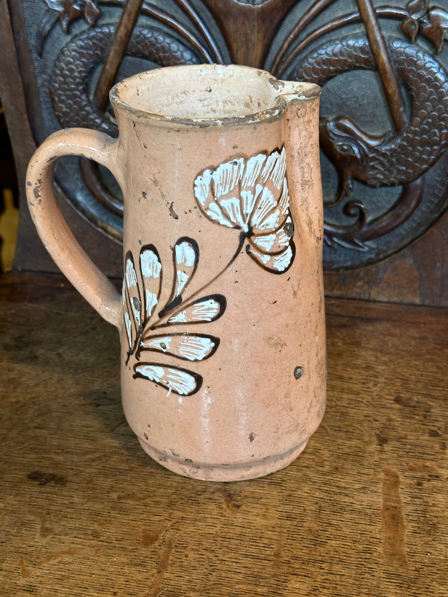 Peach Glazed Pyrenees Pitcher with Brown and White Flowers