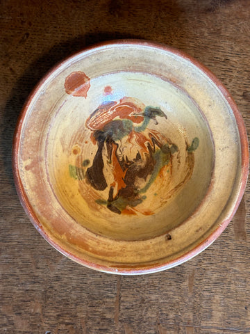 Hand Thrown and Glazed European Bowl, Cream, Green, Orange and Brown