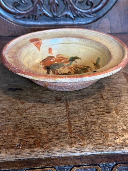 Hand Thrown and Glazed European Bowl, Cream, Green, Orange and Brown