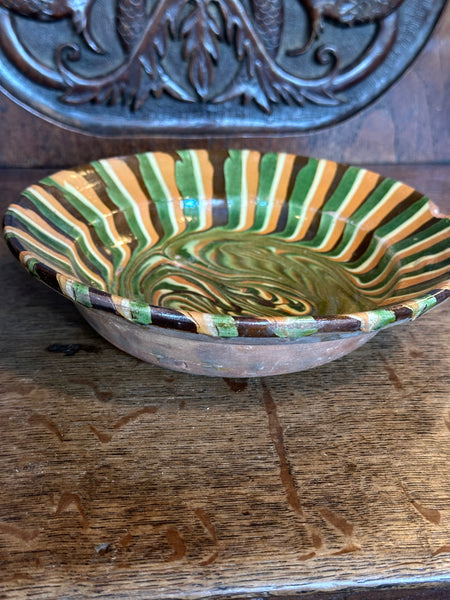 Hand Thrown European Bowl, Cream, Green, Orange and Brown Marble Glaze