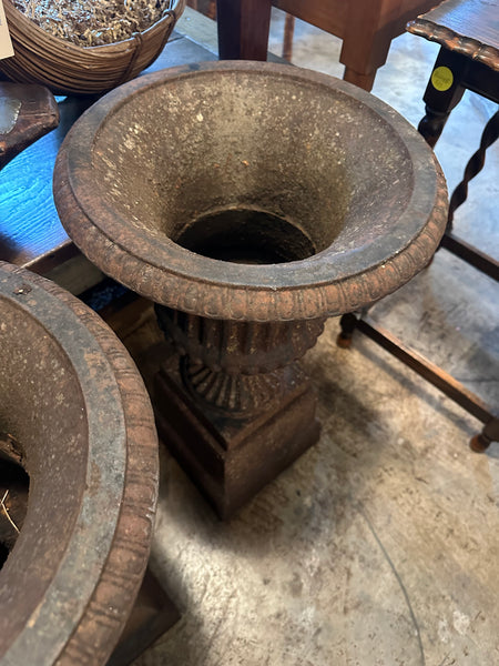 Pair of Cast Iron Urns on Plinths