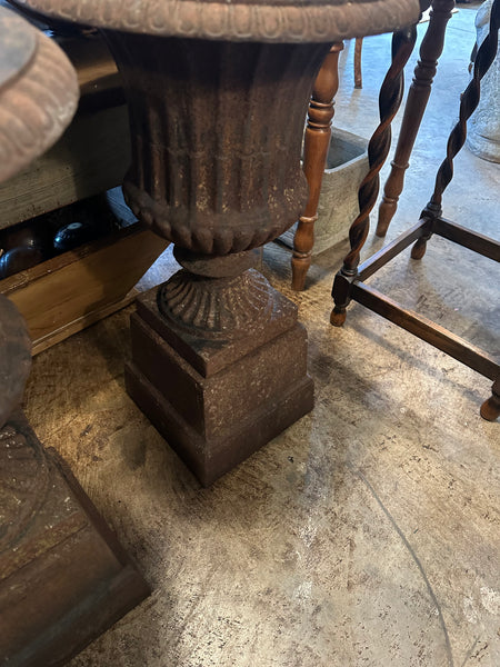 Pair of Cast Iron Urns on Plinths