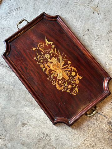Mahogany Inlaid Tray with Brass Handles