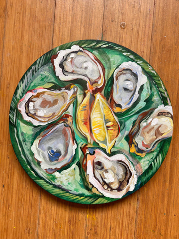 Oysters on a Teal Plate with Lemons, by Angela Hughes Zokan