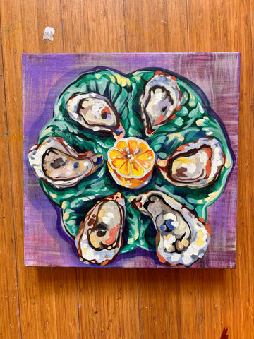 Oysters on a Gien Oyster Plate on Purple Background, by Angela Hughes Zokan