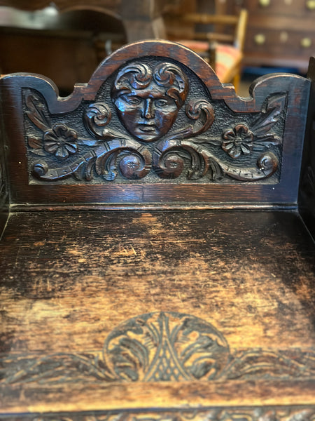 Heavily Carved Oak Coal Hod with Seat