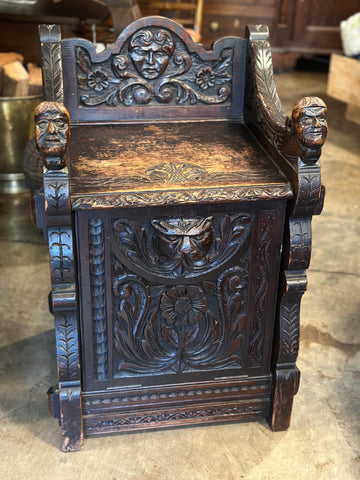 Heavily Carved Oak Coal Hod with Seat