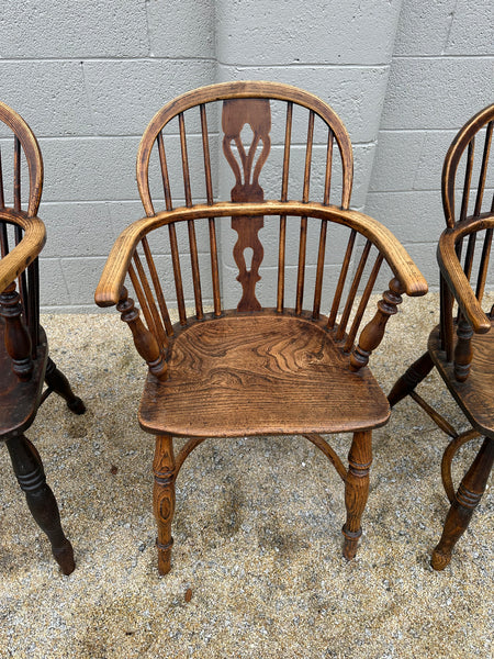 Set of 4 Elm and Ash Low Back Windsor Arm Chairs