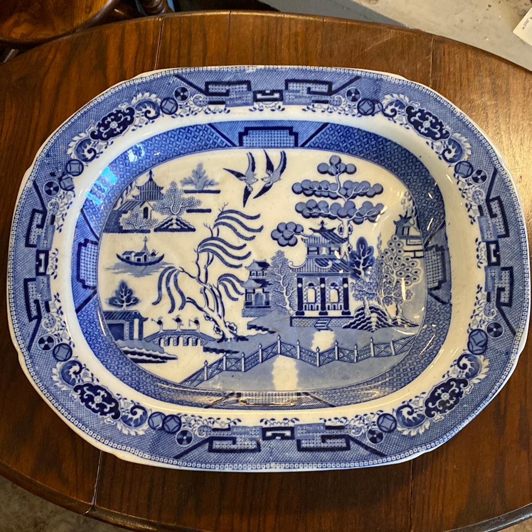 Blue Willow Meat Platter with Deep Well