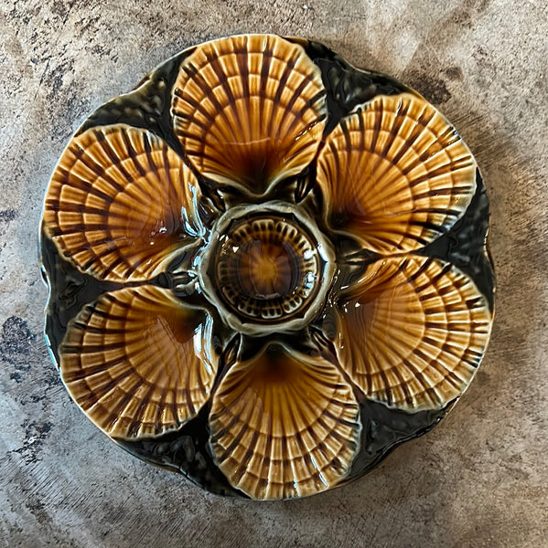 French Oyster Plates, Mustard Yellow and Dark Green