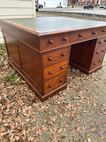 English Mahogany Partners Desk with Leather Top